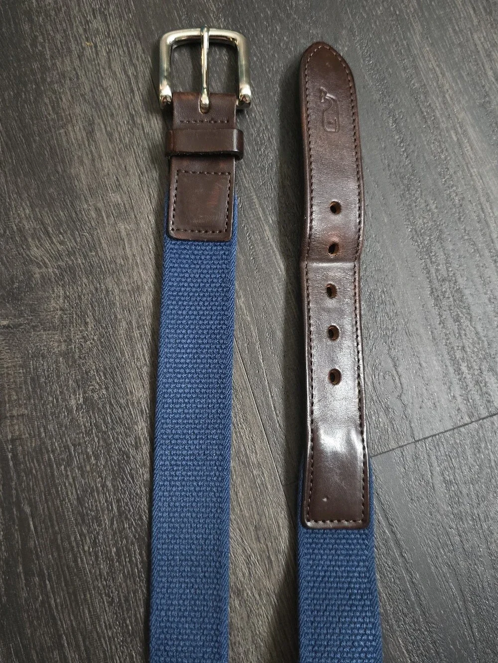 Vineyard Vines Shep & Ian Navy Canvas Brown Leather Belt Solid Brass Sz 38 USA